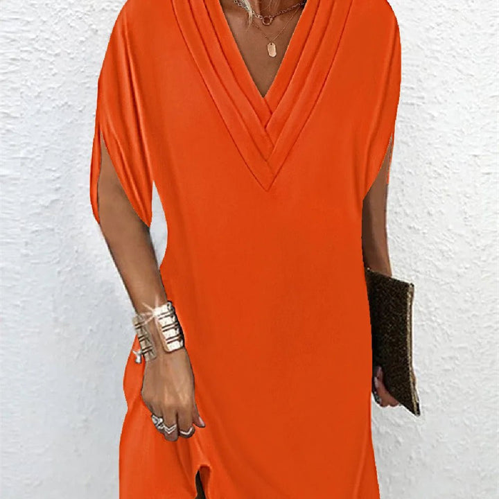 Zoe | Elegant V - Neck Wrap Midi Dress With Split Sleeves - Emma's Dresses