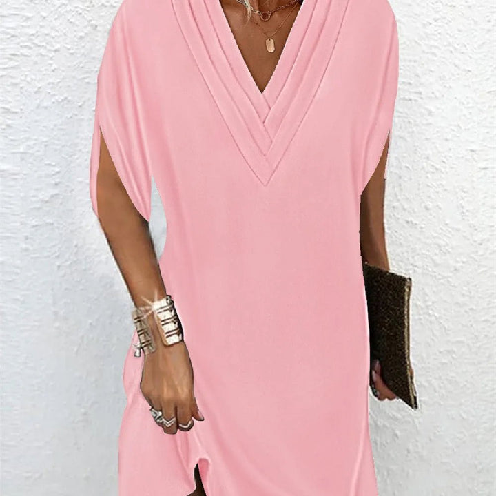 Zoe | Elegant V - Neck Wrap Midi Dress With Split Sleeves - Emma's Dresses