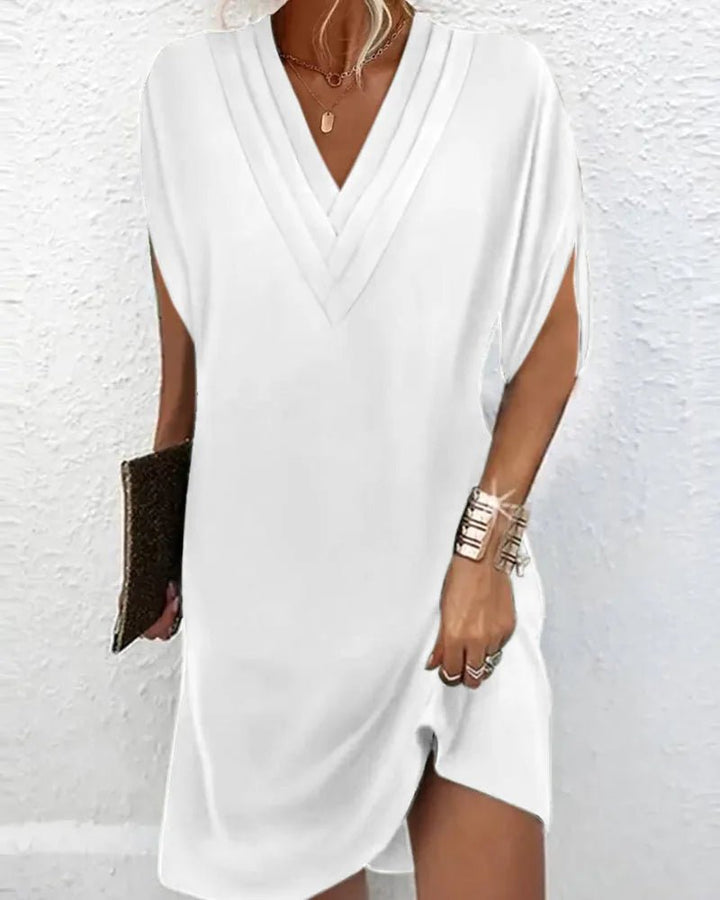 Zoe | Elegant V - Neck Wrap Midi Dress With Split Sleeves - Emma's Dresses
