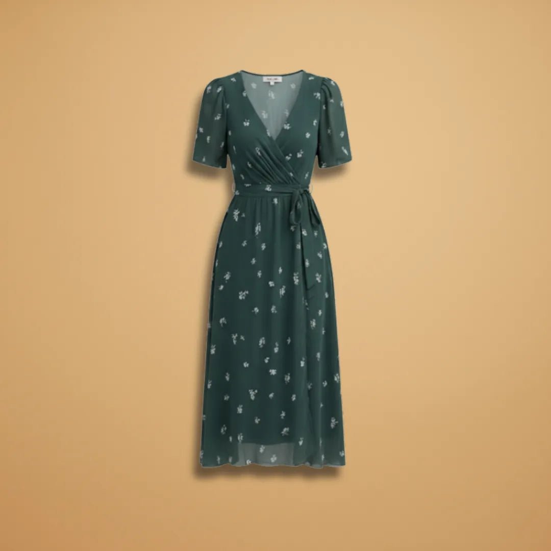 Matilda | Stylish V - Neck Wrap Midi Dress with Tie Waist - Emma's Dresses