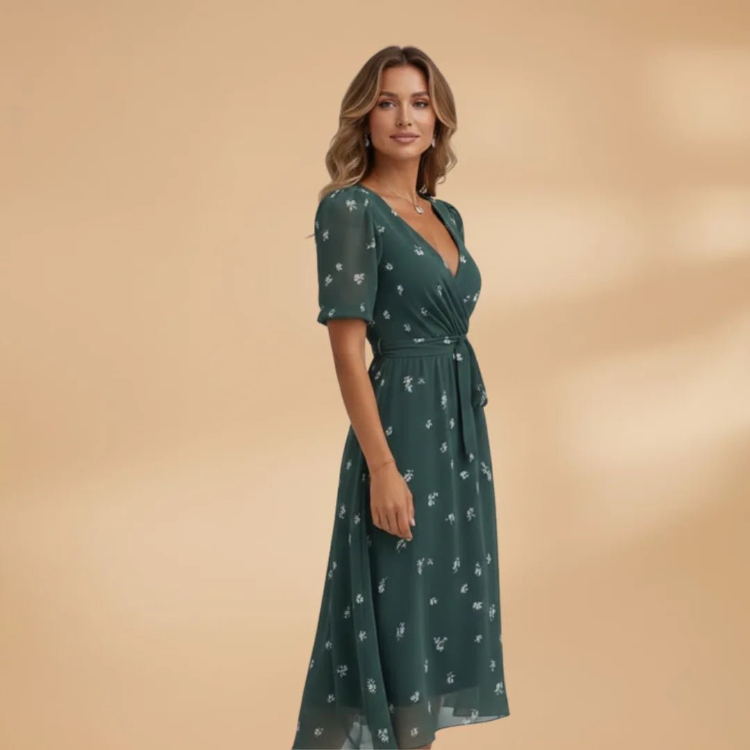 Matilda | Stylish V - Neck Wrap Midi Dress with Tie Waist - Emma's Dresses
