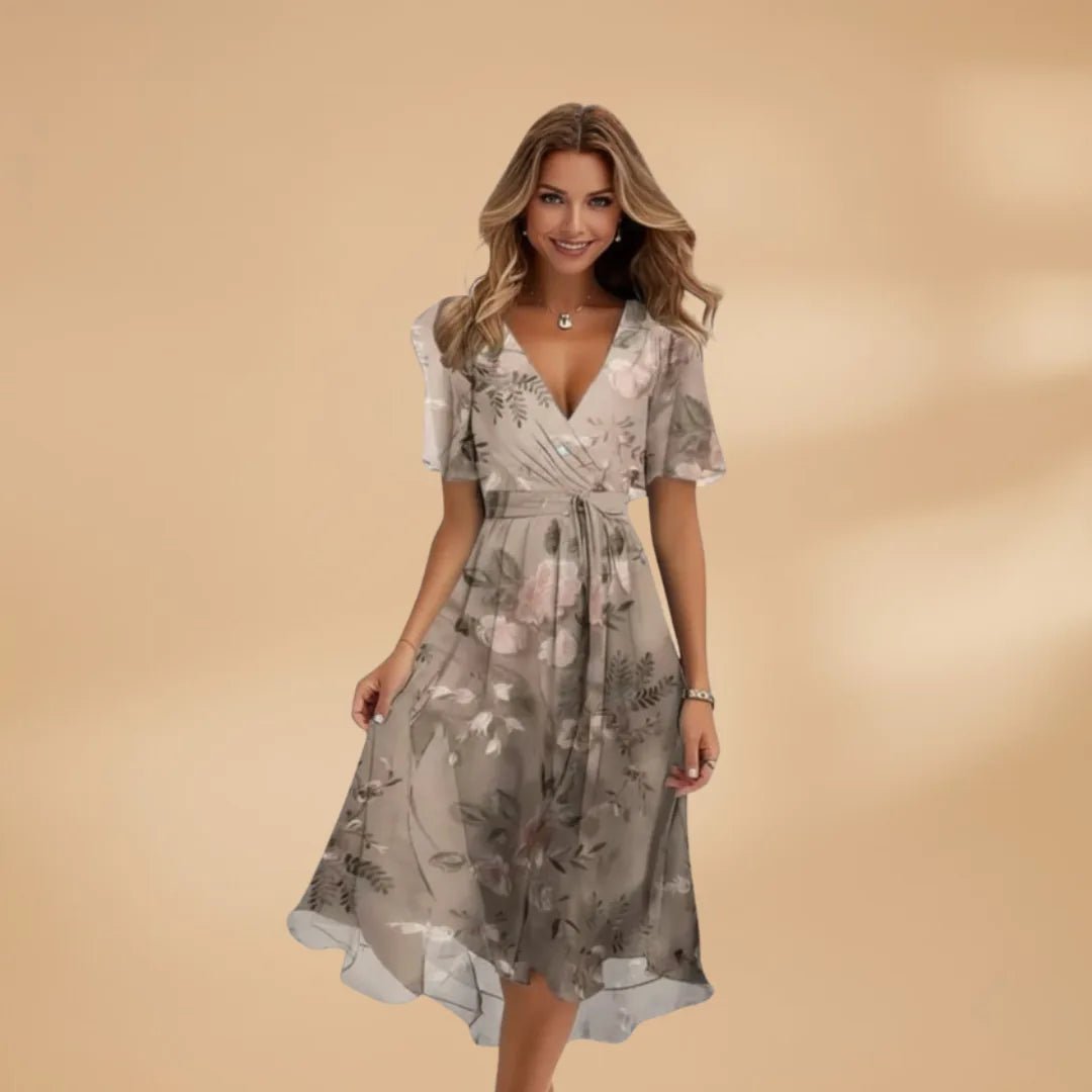 Matilda | Stylish V - Neck Wrap Midi Dress with Tie Waist - Emma's Dresses