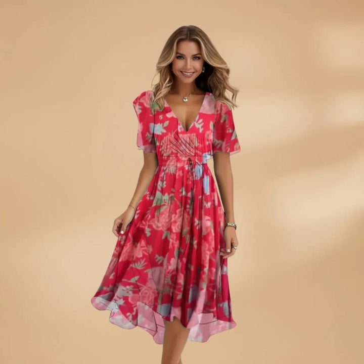 Matilda | Stylish V - Neck Wrap Midi Dress with Tie Waist - Emma's Dresses
