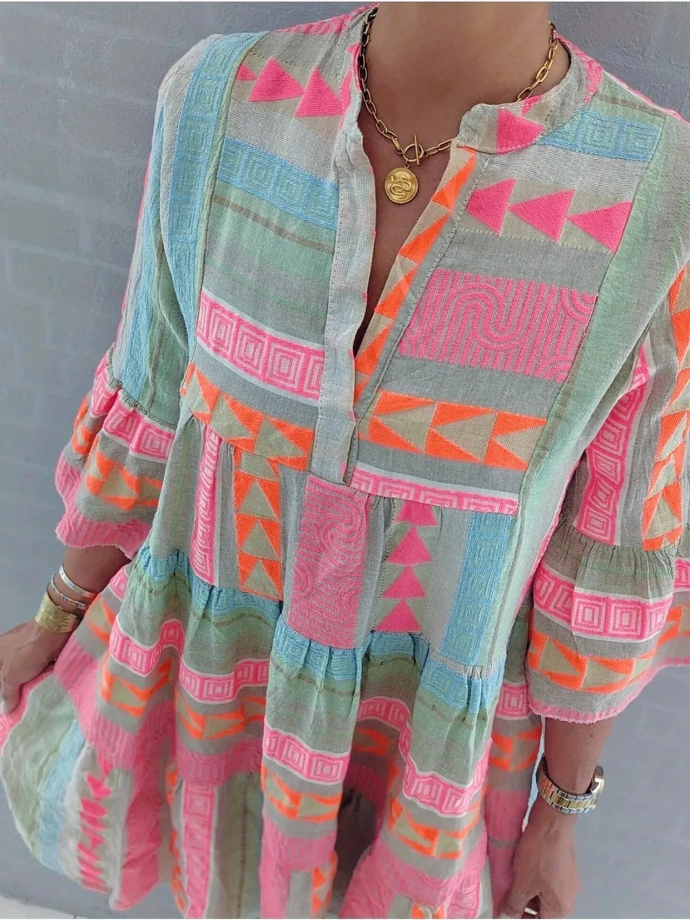 Hazel | Vibrant V - Neck Tiered Pink Midi Dress - Emma's Dresses