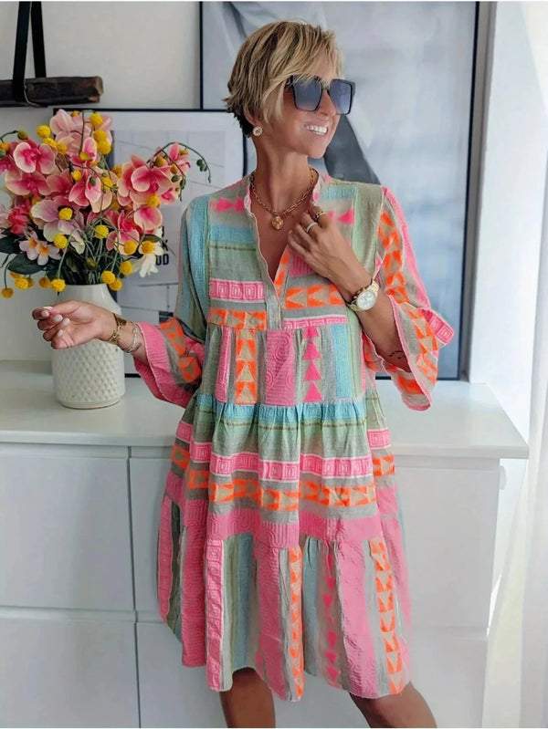 Hazel | Vibrant V-Neck Tiered Pink Midi Dress
