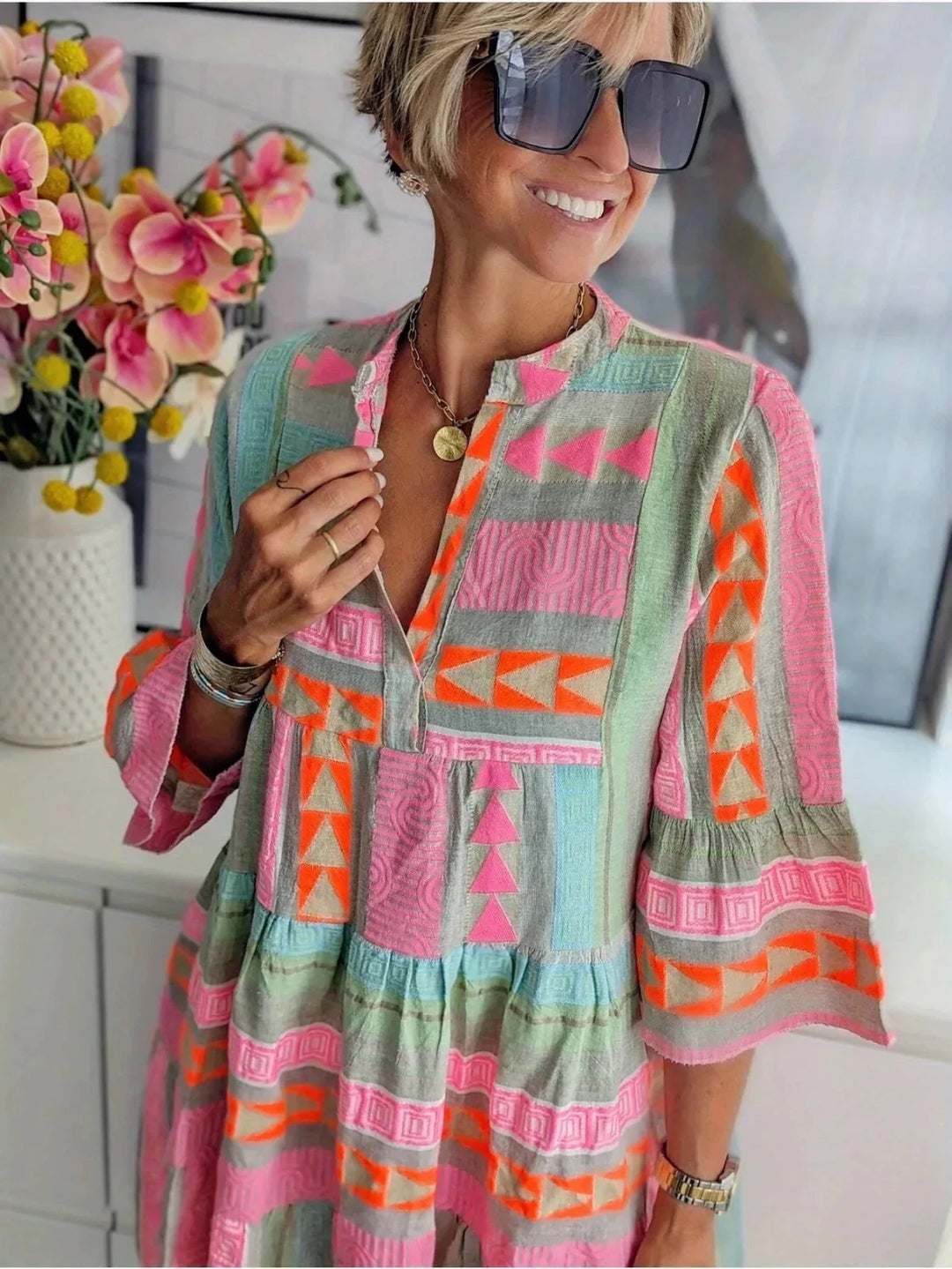 Hazel | Vibrant V - Neck Tiered Pink Midi Dress - Emma's Dresses