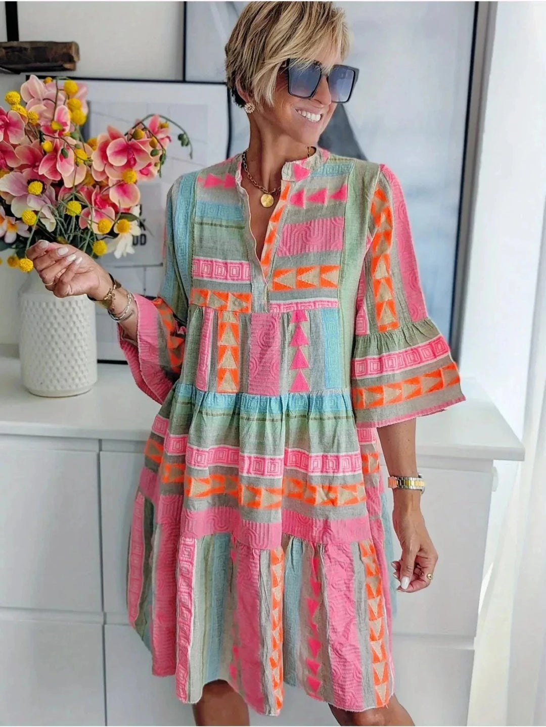 Hazel | Vibrant V - Neck Tiered Pink Midi Dress - Emma's Dresses