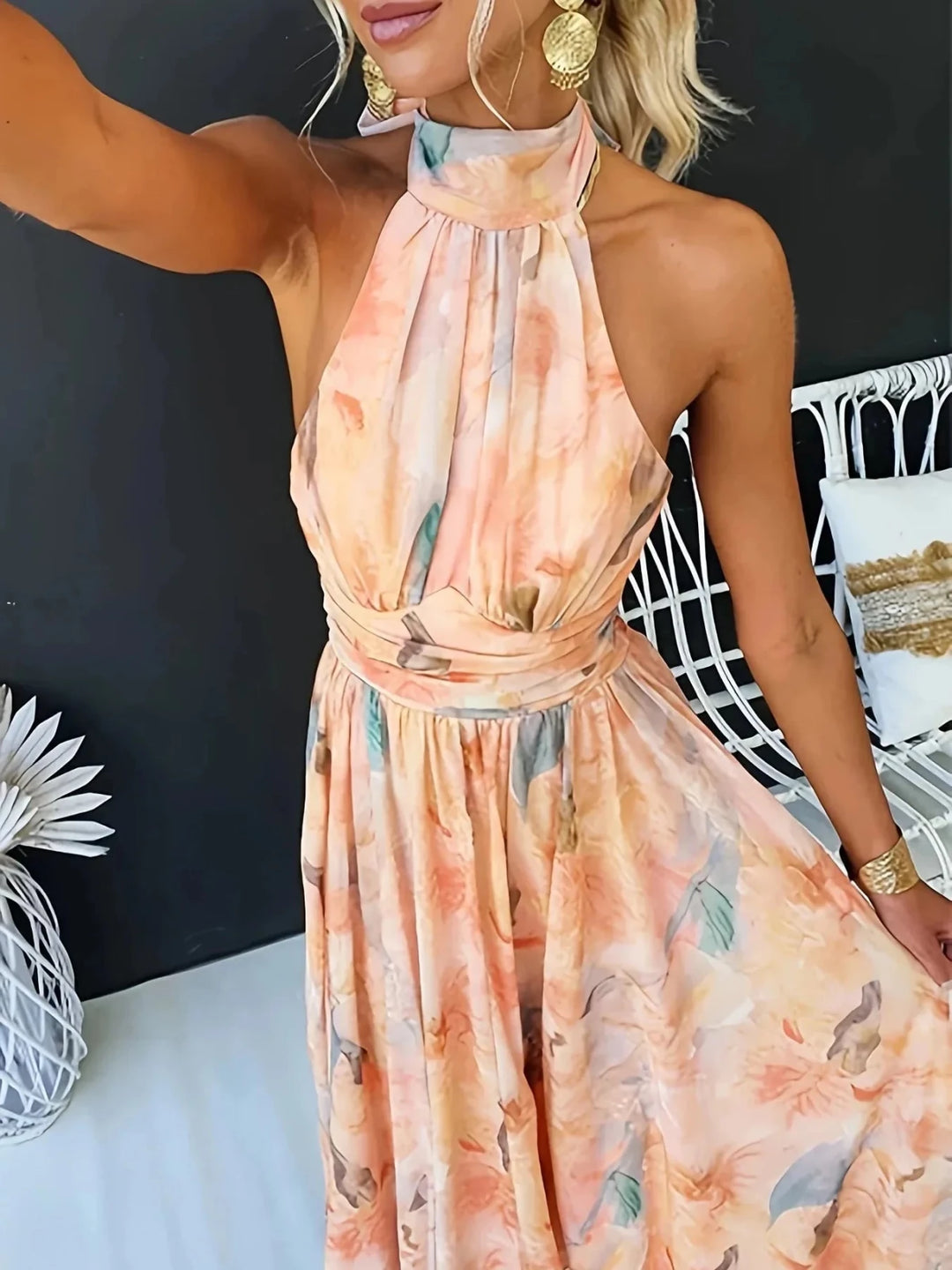 Willow | Elegant Orange Halter Neck Watercolor Floral Maxi Dress - Emma's Dresses