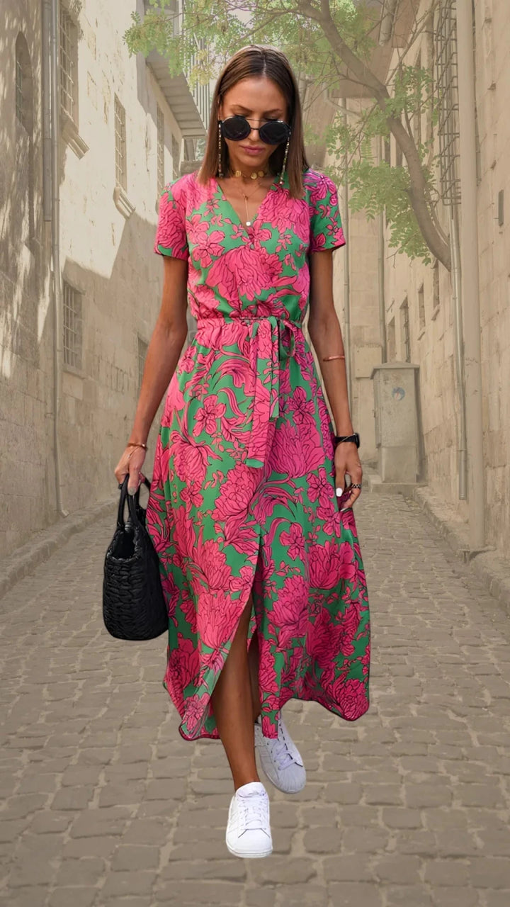 Margaret | Floral Wrap Maxi Dress with V - Neck - Emma's Dresses