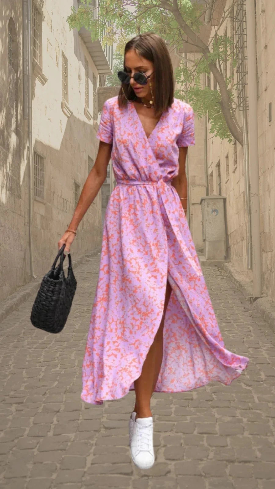 Margaret | Floral Wrap Maxi Dress with V - Neck - Emma's Dresses