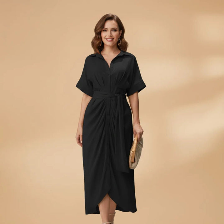 Talia | Stylish Short Sleeve Wrap Midi Dress with Tie Waist - Emma's Dresses