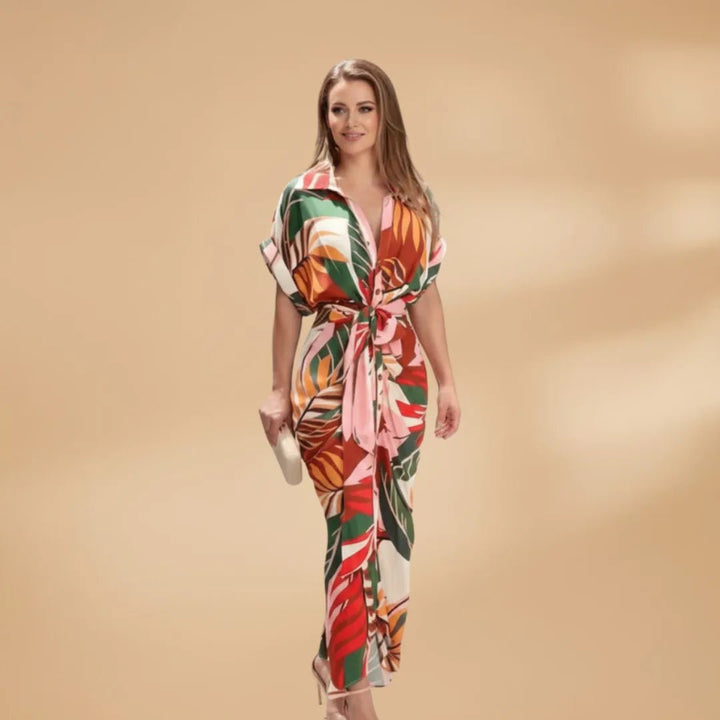 Talia | Stylish Short Sleeve Wrap Midi Dress with Tie Waist - Emma's Dresses