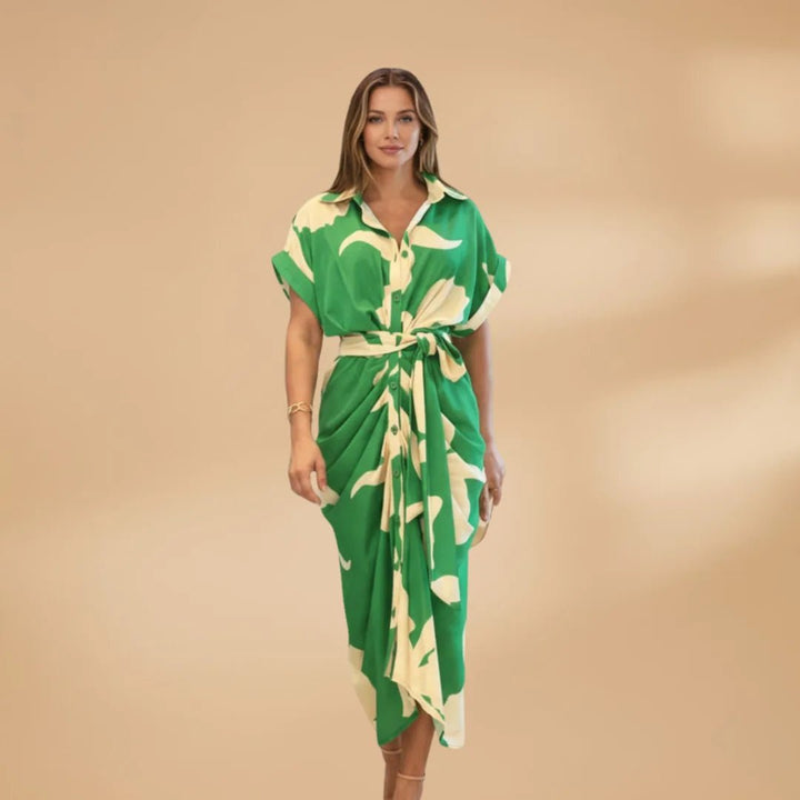 Talia | Stylish Short Sleeve Wrap Midi Dress with Tie Waist - Emma's Dresses