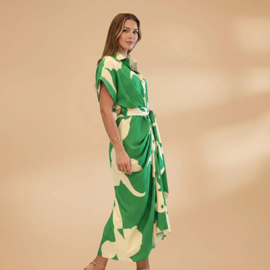 Talia | Stylish Short Sleeve Wrap Midi Dress with Tie Waist - Emma's Dresses