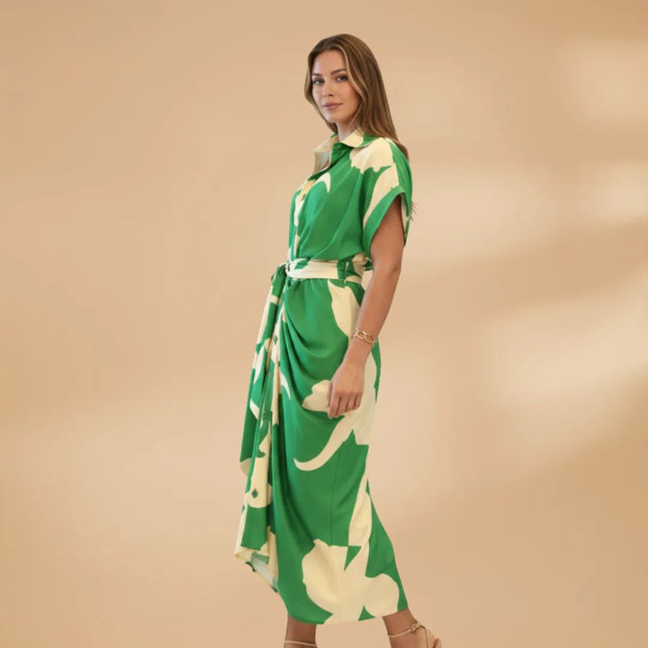 Talia | Stylish Short Sleeve Wrap Midi Dress with Tie Waist - Emma's Dresses