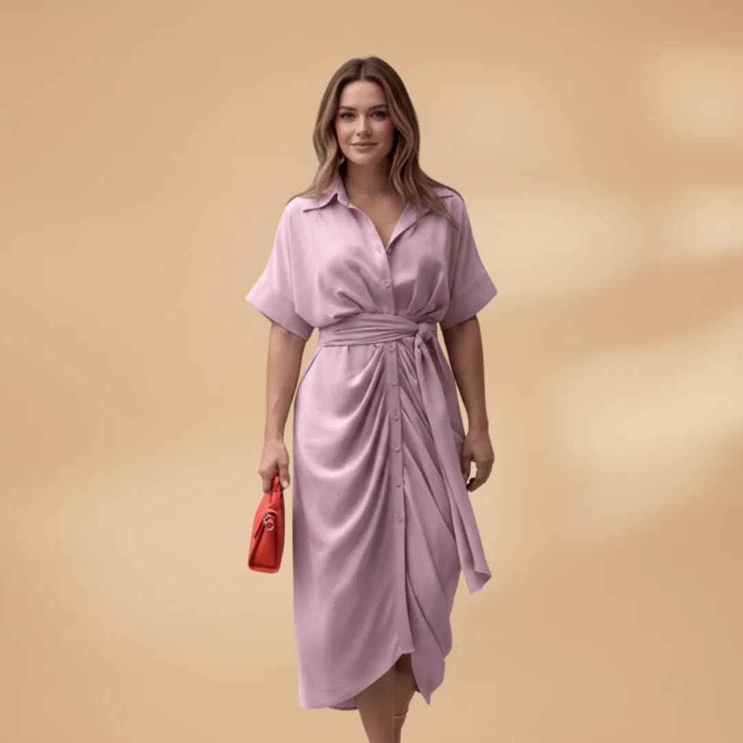 Talia | Stylish Short Sleeve Wrap Midi Dress with Tie Waist - Emma's Dresses