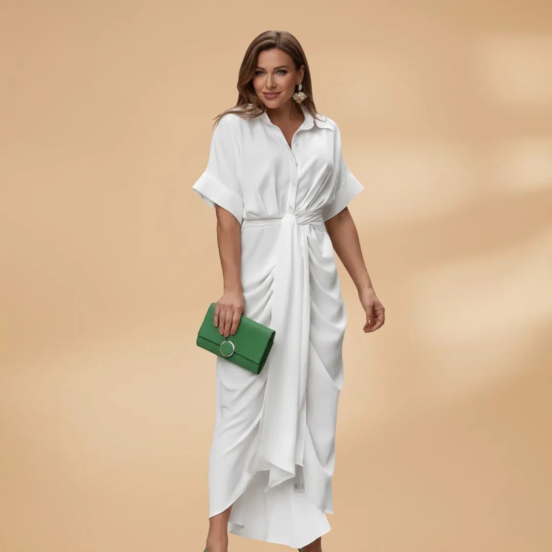 Talia | Stylish Short Sleeve Wrap Midi Dress with Tie Waist - Emma's Dresses