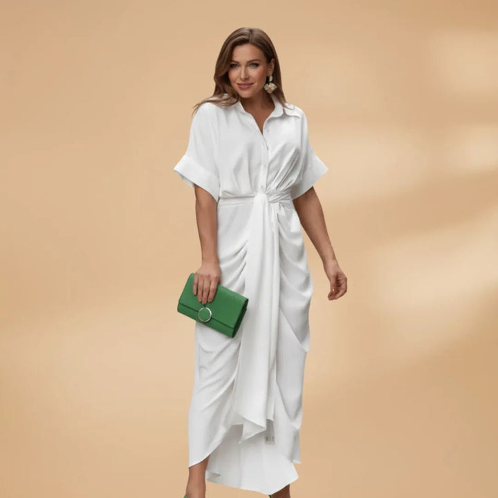 Talia | Stylish Short Sleeve Wrap Midi Dress with Tie Waist - Emma's Dresses