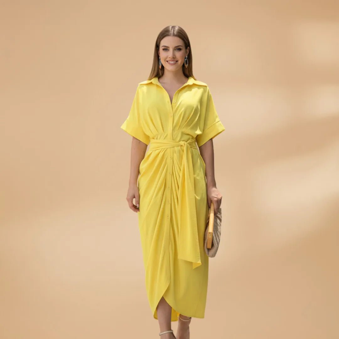 Talia | Stylish Short Sleeve Wrap Midi Dress with Tie Waist - Emma's Dresses