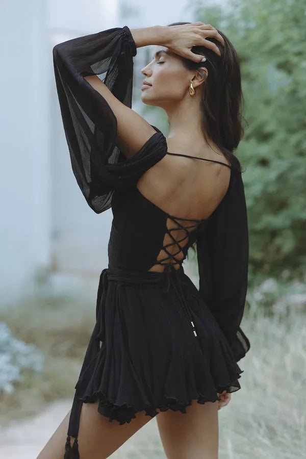 Imogen | Elegant Wrap V - Neck Sheer Sleeve Black Mini Dress - Emma's Dresses
