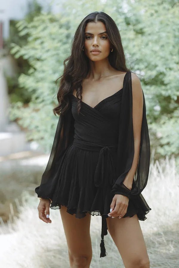 Imogen | Elegant Wrap V - Neck Sheer Sleeve Black Mini Dress - Emma's Dresses