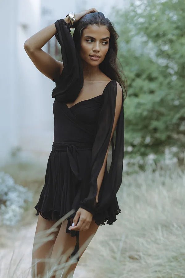 Imogen | Elegant Wrap V - Neck Sheer Sleeve Black Mini Dress - Emma's Dresses